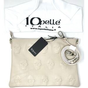 IO PELLE Italia Skull Embossed Leather Crossbody Bag Clutch Lt. Beige 14x10" NWT